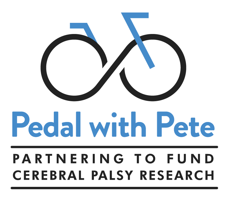 A blue and black logo of a bicycle with the text "Pedal with Pete" and "Partnering to Fund Cerebral Palsy Research" underneath