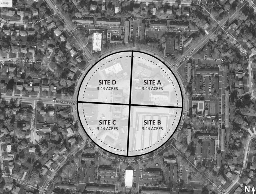 An aerial shot of Tamarack Circle, a circular road surrounded by residential and commercial buildings. The center of the circle has a graphic overlay dividing it into four quarters, each at 3.44 acres in size.